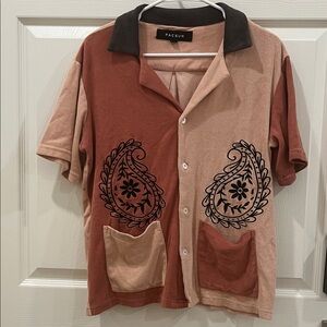 PacSun Men Embroidered Terry cloth Tan Colorblock Camp Shirt Vintage Vibe Small